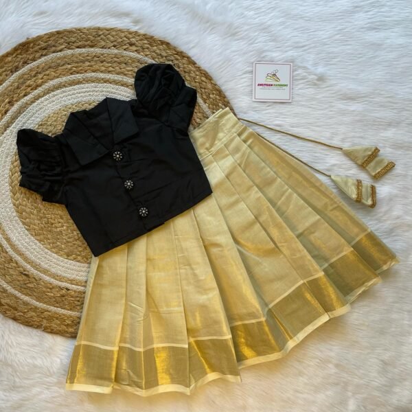 Golden Kerala Kasavu Skirt & Black Color Silk Top (Pre Booking)