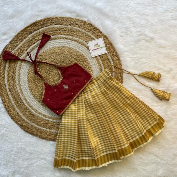 Maroon Silk Top & Checked Kasavu Skirt (Ready to Dispatch)