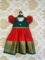 Plain Orange Pattu Frock With Green Border - Full Length (Ready to Dispatch)