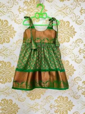 Dark Green pattu knot Frock with Zari Border - Midi length (Ready To Dispatch)