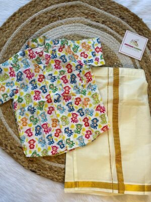 Super Comfortable and Stylish 100% Cotton Kids Shirt with Cotton Veshti Golden Zari - Funny Monkey Print