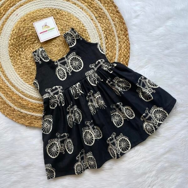Black Bicycle Pattern Pure Cotton Sleeveless Frock (Pre-Booking)
