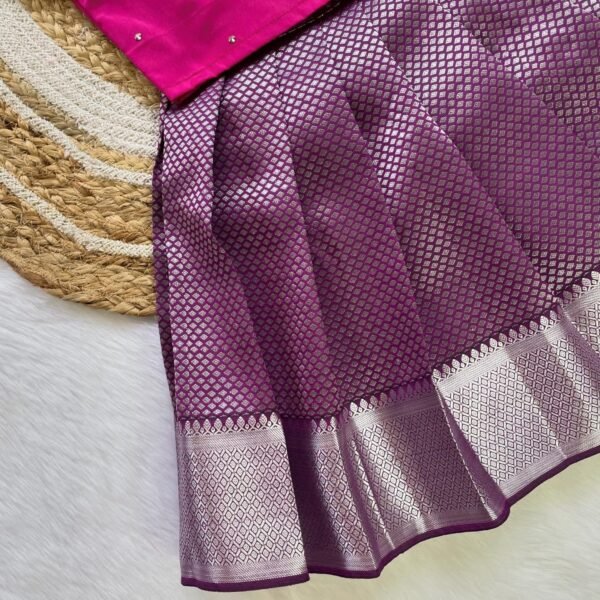 Dark Purple & Pink Kanchipuram Silver Zari Pattu Paavadai & Sattai (Ready to Dispatch)