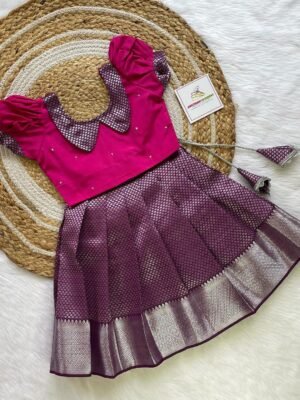Dark Purple & Pink Kanchipuram Silver Zari Pattu Paavadai & Sattai (Ready to Dispatch)