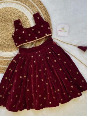 Wine Maroon Color Premium Velvet Fabric Sequins Work Lehenga Set (Pre Booking)