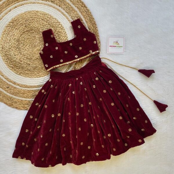 Wine Maroon Color Premium Velvet Fabric Sequins Work Lehenga Set (Pre Booking)