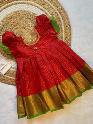 Red & Light Green Banarasi Silk Frock (Ready to Dispatch)