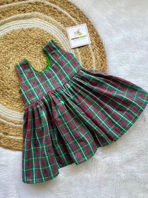 Dark Green Checked Cotton Frock - Sleeveless (Pre-Booking)