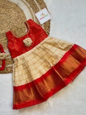 Budget Friendly Silk Cotton Frock - Red & Cream Combo (Pre Booking)