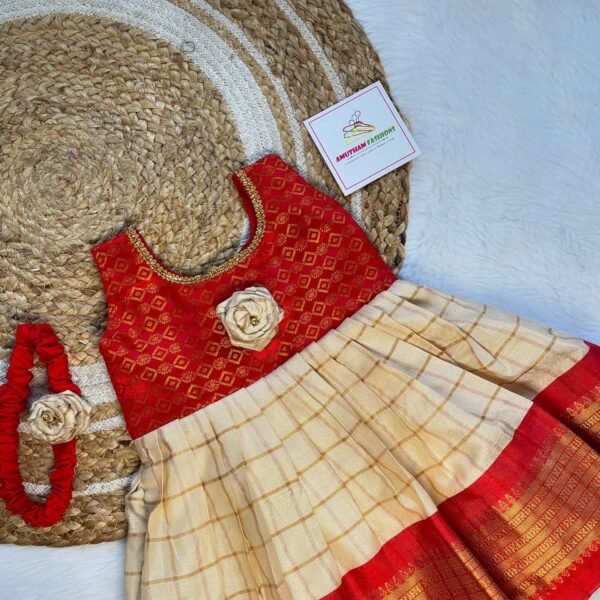 Budget Friendly Silk Cotton Frock - Red & Cream Combo (Pre Booking)