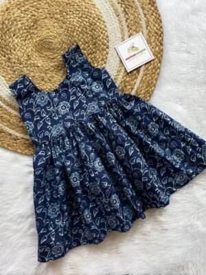 Indigo Blue Floral Design Pure Cotton Sleeveless Frock (Pre-Booking)