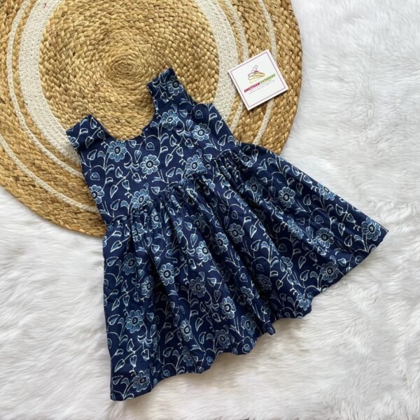 Indigo Blue Floral Design Pure Cotton Sleeveless Frock (Pre-Booking)