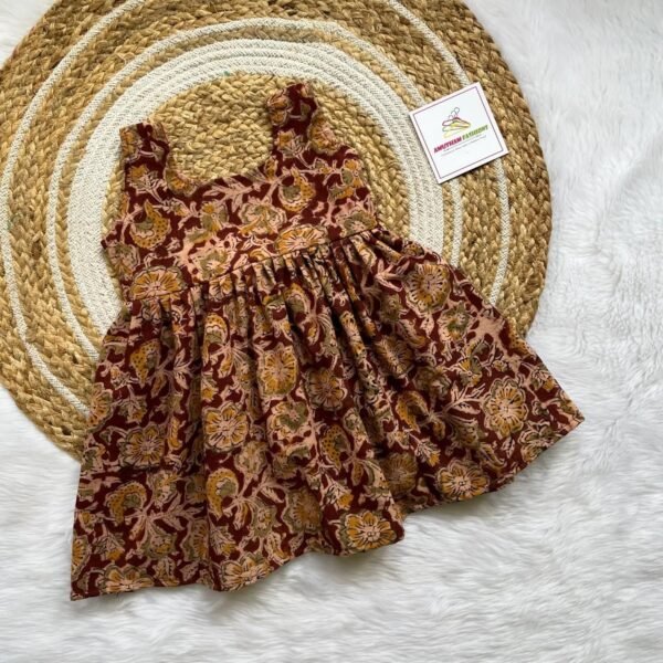 Brown Floral Design Kalamkari Pure Cotton Sleeveless Frock (Pre-Booking)