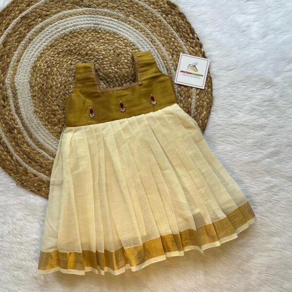 Golden Tissue mixed with Kasavu Cotton Fabric - Maroon Beads Work (Ready to Dispatch)