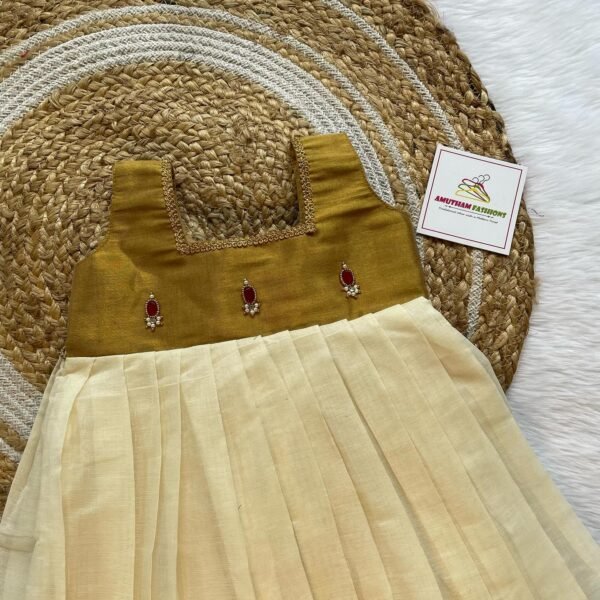 Golden Tissue mixed with Kasavu Cotton Fabric - Maroon Beads Work (Ready to Dispatch)