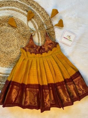 Mustard Yellow & Maroon Color Border Sungudi Cotton Frock (Ready to Dispatch)