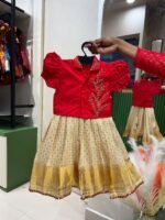 Off White Kanchipattu Sleeveless Frock & Red Collar Neck Top designed with Beautiful Beads Work  (Ready To Dispatch)