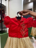 Off White Kanchipattu Sleeveless Frock & Red Collar Neck Top designed with Beautiful Beads Work  (Ready To Dispatch)