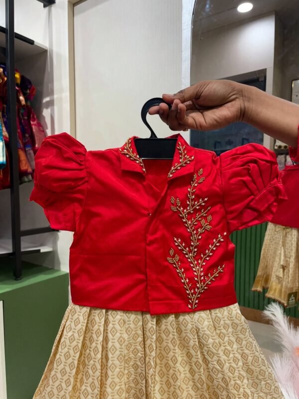 Off White Kanchipattu Sleeveless Frock & Red Collar Neck Top designed with Beautiful Beads Work  (Ready To Dispatch)