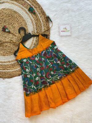 Sungudi Cotton Frock in Kalamkari Print - Green & Yellow Combo (Ready to Dispatch)