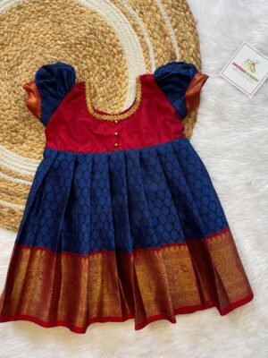 Budget Friendly Dark Blue & Maroon Kora Banarasi Silk Frock (Ready to Dispatch)