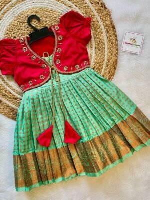 Pastel Green Kanchipattu Frock & Red Silk Designer Overcoat for your Little Divas (Ready to Dispatch)