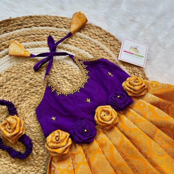 Premium Kanchipuram Silk Gown - Voilet & Yellow Combination (Pre Booking)