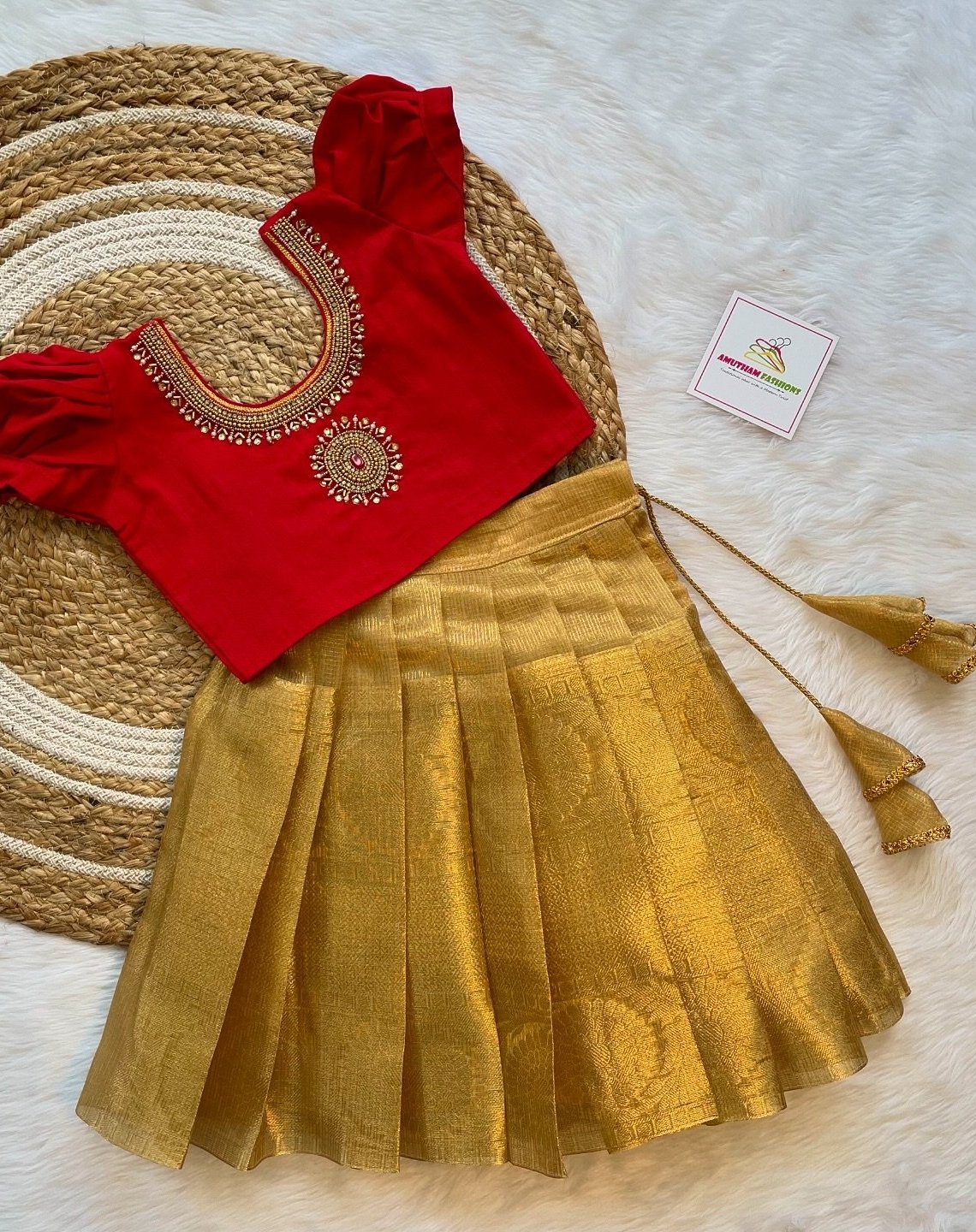 Gold skirt red top best sale