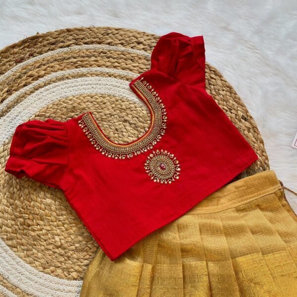 Gold Tissue Silk Skirt & Red Rawsilk Aariwork Top (Pre Booking)