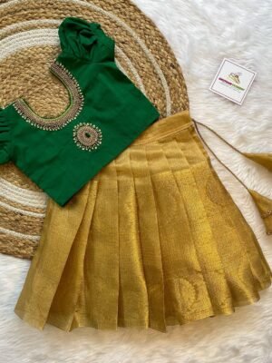 Gold Tissue Silk Skirt & Green Rawsilk Aariwork Top (Pre Booking)