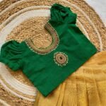Gold Tissue Silk Skirt & Green Rawsilk Aariwork Top (Pre Booking)