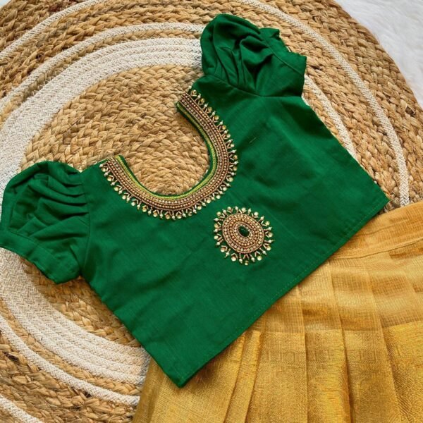 Gold Tissue Silk Skirt & Green Rawsilk Aariwork Top (Pre Booking)