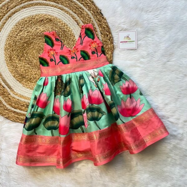 Most Demanding Pichwai Frock - Pastel Green & Orangish Peach Border  (Ready to Dispatch)