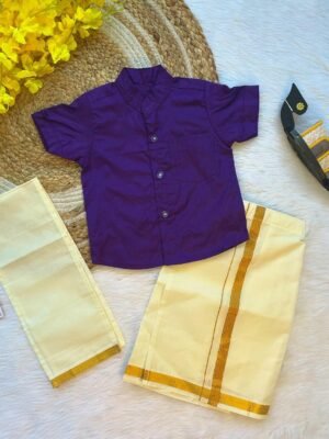 Voilet Boys Silk Cotton Half Sleeves Shirt & Dhoti Set (Pre-Booking)