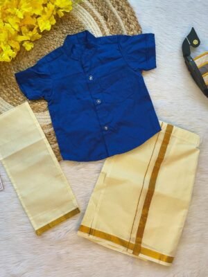 Blue Boys Silk Cotton Half Sleeves Shirt & Dhoti Set (Pre-Booking)