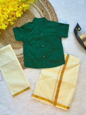 Bottle Green Boys Silk Cotton Half Sleeves Shirt & Dhoti Set (Pre-Booking)