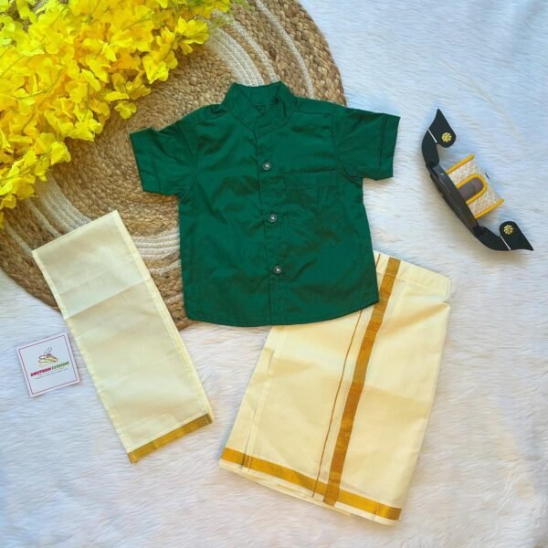 Bottle Green Boys Silk Cotton Half Sleeves Shirt & Dhoti Set (Pre-Booking)