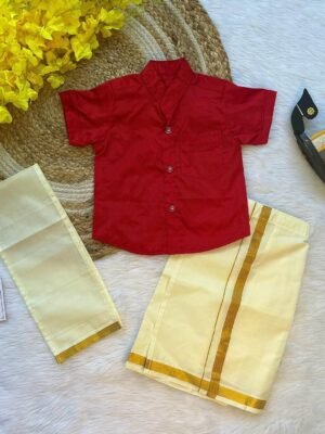 Red Boys Silk Cotton Half Sleeves Shirt & Dhoti Set (Pre-Booking)