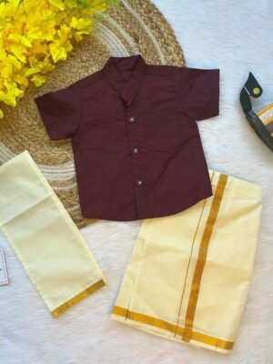 Brown Boys Silk Cotton Half Sleeves Shirt & Dhoti Set (Pre-Booking)