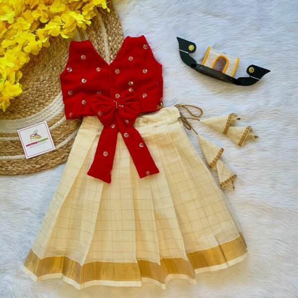 Red Velvet Top with Kerala Cotton Kasavu Skirt (Pre Booking) Onam Special