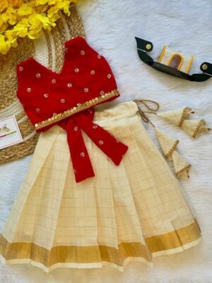 Red Velvet Top with Kerala Cotton Kasavu Skirt (Pre Booking) Onam Special