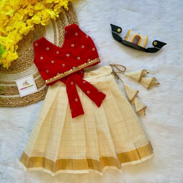 Red Velvet Top with Kerala Cotton Kasavu Skirt (Pre Booking) Onam Special