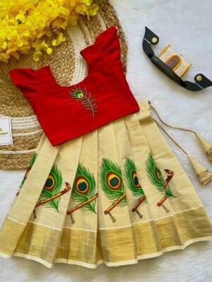 Red Aariwork Design Top with Kerala Cotton Peacock Feather Design Kasavu Skirt (Pre Booking) Onam Special