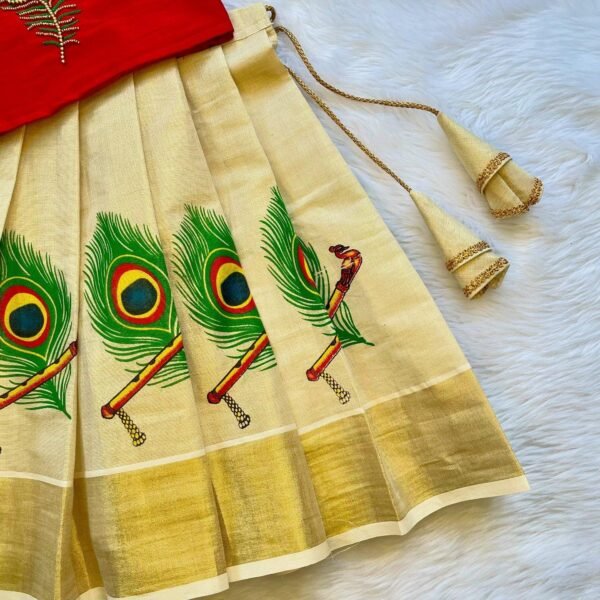 Red Aariwork Design Top with Kerala Cotton Peacock Feather Design Kasavu Skirt (Pre Booking) Onam Special