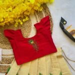 Red Aariwork Design Top with Kerala Cotton Peacock Feather Design Kasavu Skirt (Pre Booking) Onam Special