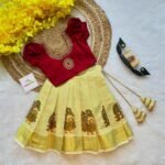 Maroon Color Aariwork Rawsilk Top with Kerala Cotton Peacock Design Kasavu Skirt (Pre Booking) Onam Special