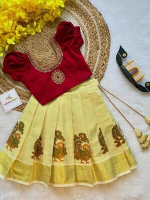 Maroon Color Aariwork Rawsilk Top with Kerala Cotton Peacock Design Kasavu Skirt (Pre Booking) Onam Special