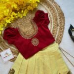 Maroon Color Aariwork Rawsilk Top with Kerala Cotton Peacock Design Kasavu Skirt (Pre Booking) Onam Special