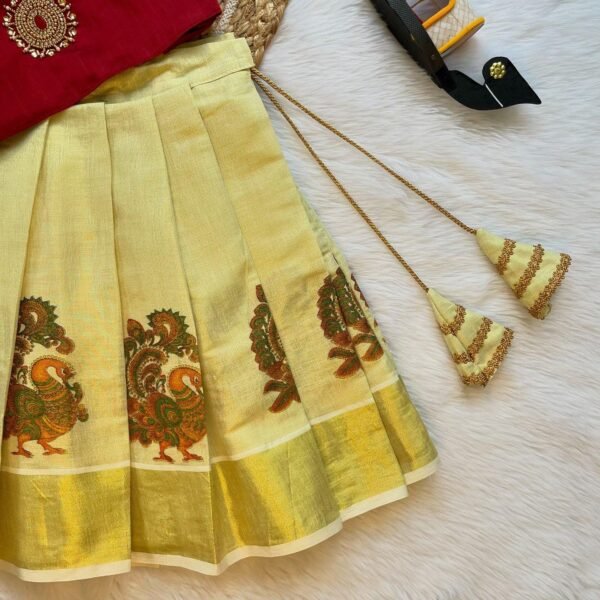 Maroon Color Aariwork Rawsilk Top with Kerala Cotton Peacock Design Kasavu Skirt (Pre Booking) Onam Special