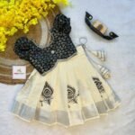 Black Brocade Silk Top with Kerala Cotton Peacock Design Kasavu Skirt in Silver Zari (Pre Booking) Onam Special